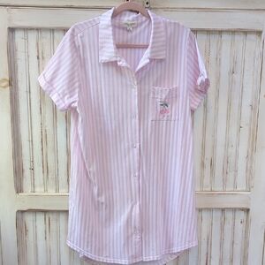 Laura Ashley,  Pink And White Striped Nightshirt . Cherry Embellishment. XL